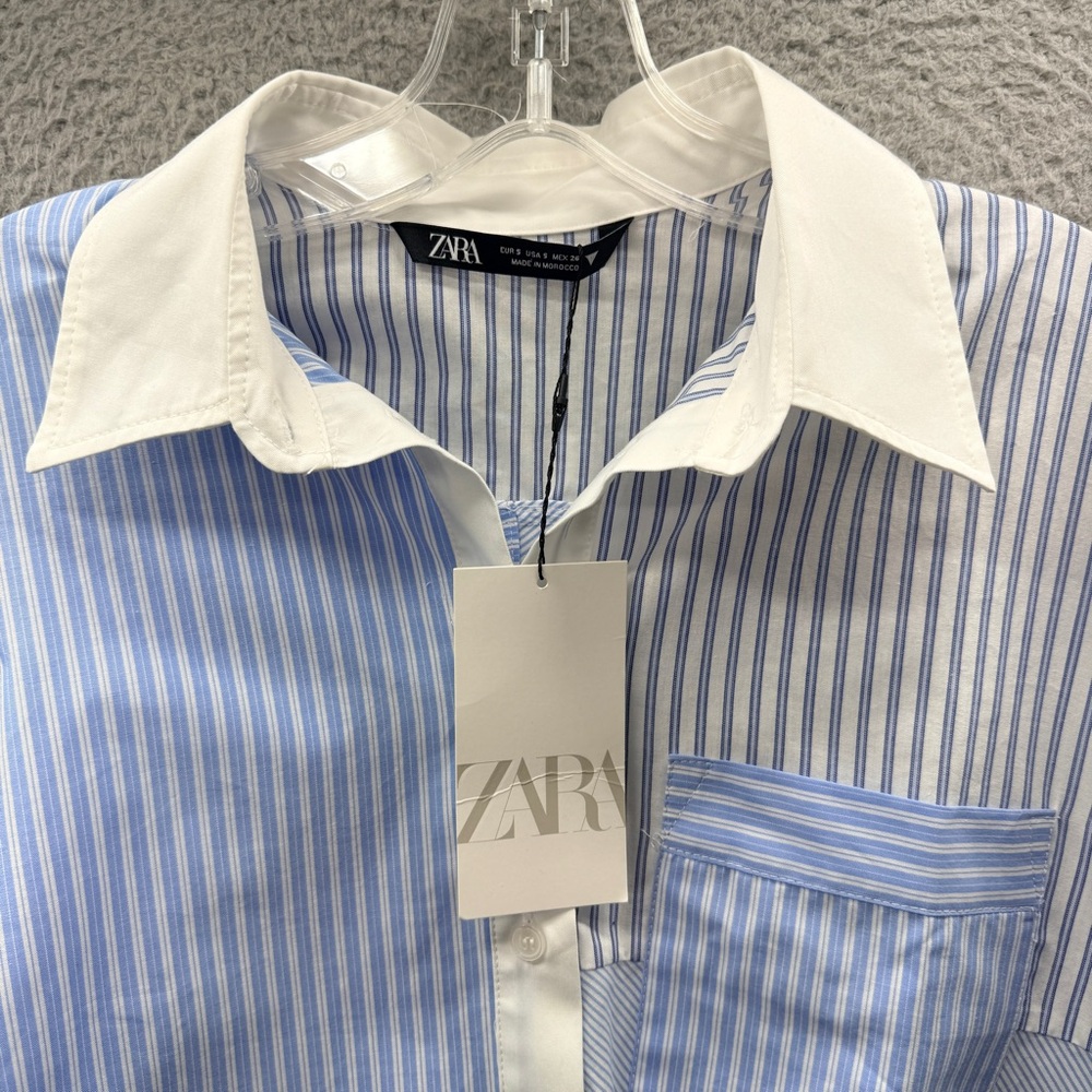 NWT Zara Blue Striped Patchwork Cropped Long Sleeve Button Up Top Shirt Size S - Picture 3 of 12